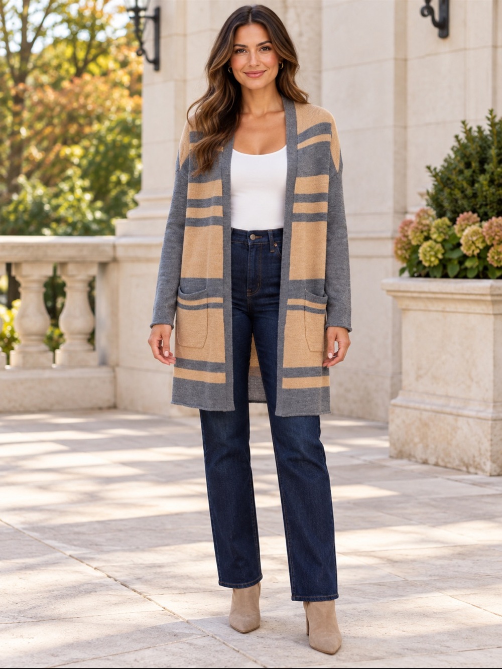 Cynthia Rowley Merino Wool Blend Camel Gray Striped Long Cardigan Size Medium